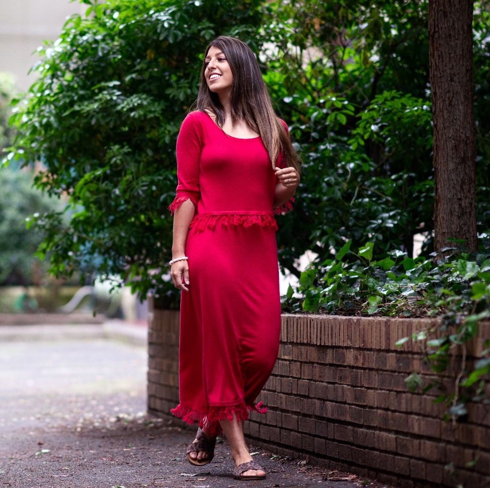 Cashmere Silk Fringe Dress -  Red